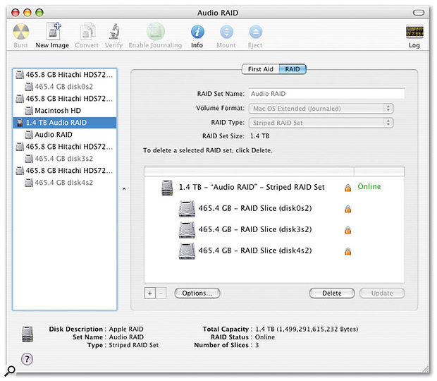 Apple's Disk Utility provides software RAID functionality, allowing multiple drives to be configured as a single volume. Here you can see I have one internal drive as a boot drive and the other three drives in a RAID 0 configuration to test as a volume for audio work.