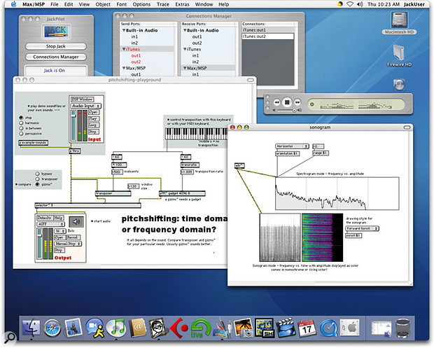 Here's what the desktop corresponding to the screen overleaf looks like, with iTunes playing an Internet radio station into Max/MSP, which is pitch-shifting the audio and displaying three sonograms.