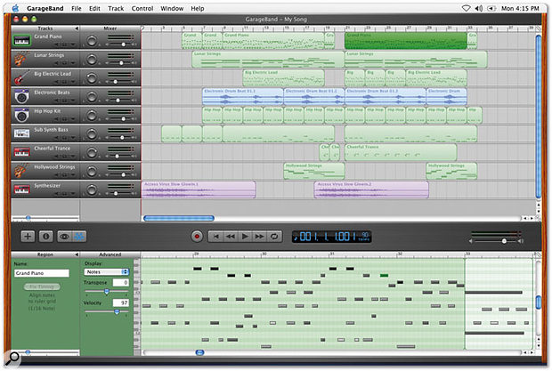 Garage Band uses a one-window interface. Here you can see the selected MIDI part from the main arranging area being edited in the lower editor section.