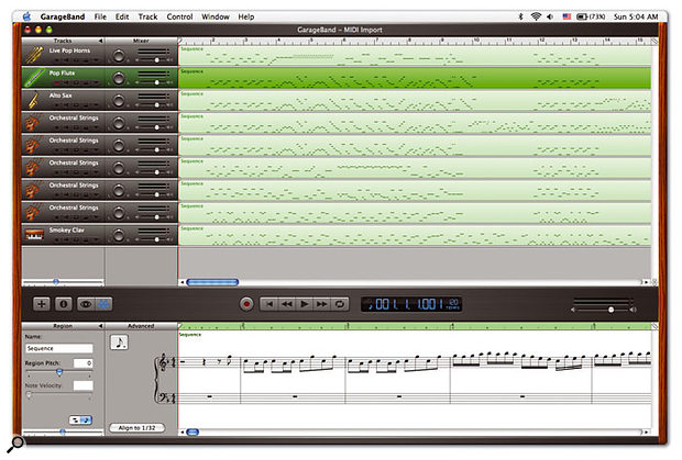 GarageBand 2 can import MIDI files and tries to assign suitable instruments to each track automatically. Here you can see the first movement of Bach's second Brandenberg concerto arranged for Live Pop Horns, Pop Flute, Alto Sax, Orchestral Strings and Smokey Clav. Time to install Apple's Orchestral Jam Pack expansion for GarageBand 2, I think!