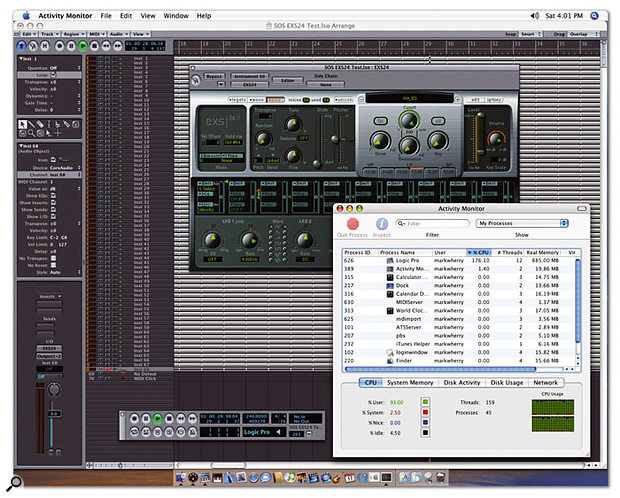 Here you can see the dual-2.7GHz Power Mac running EXS24 in Logic Pro 7.1. Notice in Activity Monitor that the Dashboard Widgets, such as Calculator, aren't using any CPU resources.