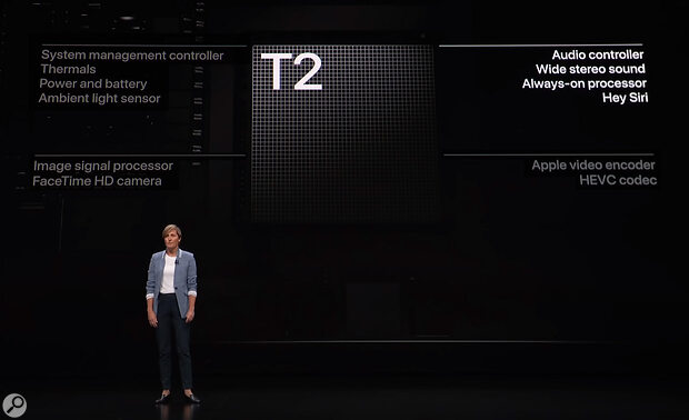 The T2 controller chip, as introduced by Apple’s Laura Lagrove, VP of Hardware, handles many system tasks, including digital signal processing to enhance the iMac’s built-in speakers.