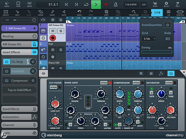 Cubasis 2 in all its glory. Here you can see the new Channel Strip insert, and note the new Auto Quantise setting in the Quantise pop-over.