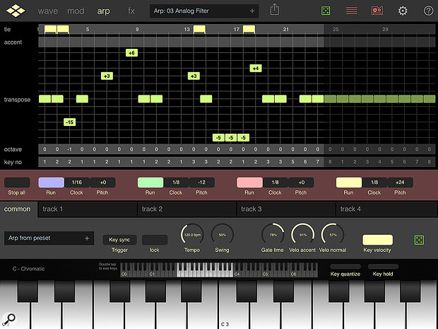 Addictive Pro’s four-track arpeggiator has parameter overrides for each track, giving it considerable poke.