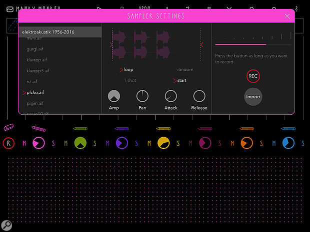 The only other screen is used to select or record samples and adjust their level, envelope and pan.