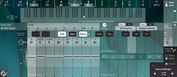 The MIDI page provides easy triggering of full chords or note patterns from chords, and the result can easily be sent as MIDI to any instrument for playback or recording.