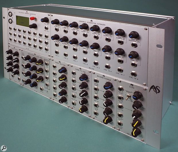 For this review, Analogue Systems supplied us with a small modular system containing a selection of modules, including the RS370 and RS375 under review (on the top row of the review system). The other modules, on the bottom row, were: (from left to right) the RS210 Fixed Filter bank, the RS360 Vocal/Phase Filter, the RS400 Phase Shifter, the RS120 Comb Filter, the RS310 Reverb/Chorus, and the RS390 Echo.