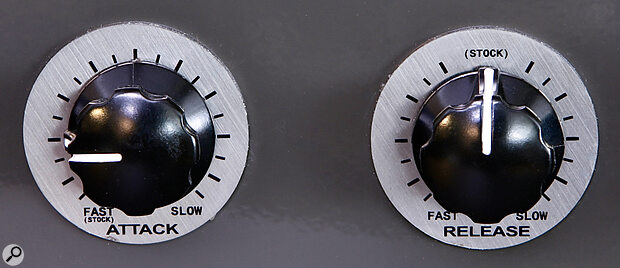 The addition of attack and release controls is a significant improvement on the RCA design. Note the positions marked ‘Stock’, which indicate the fixed setting of the original.