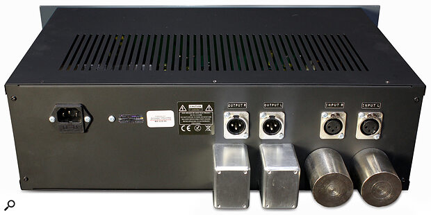 Four of the six audio transformers that contribute to the EQP‑2A’s character are shielded and protrude from the rear of the case. All the transformers have been custom‑wound to match as far as possible the original spec.