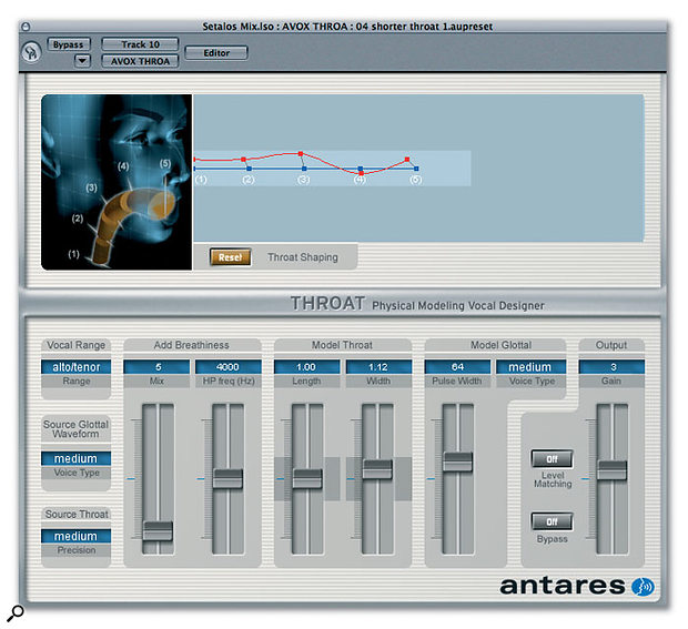 Throat is designed to change vocal character by processing a real vocal track through a virtual vocal tract, with controls to change the throat shape and size, breathiness and glottal waveform.