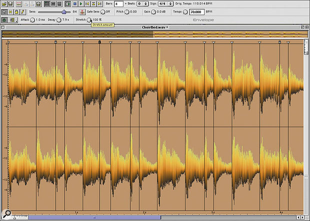 Another solution to the problem of gaps between slices at low tempos is offered by Propellerhead Recycle — sections at the end of each slice can be looped to fill in the gaps, and you can adjust this  effect using the Stretch control.