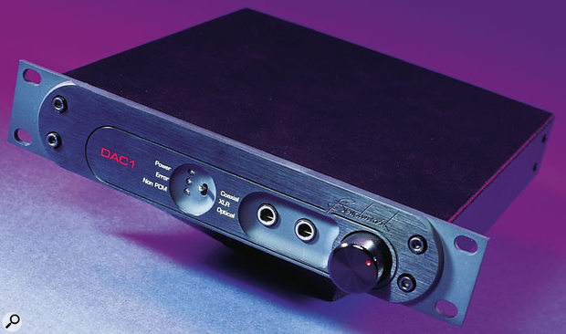 The rear panel houses the main connections, including the unbalanced phono jacks and the balanced XLR analogue outs. Trim pots for the Left and Right output channels are located between the phonos and XLRs. On the right-hand side are the digital inputs in co-axial, optical, and XLR (AES-EBU) formats. The final connector on the right is the IEC to the switchable internal power supply — a welcome inclusion.