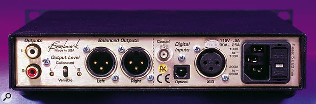 The rear panel houses the main connections, including the unbalanced phono jacks and the balanced XLR analogue outs. Trim pots for the Left and Right output channels are located between the phonos and XLRs. On the right-hand side are the digital inputs in co-axial, optical, and XLR (AES-EBU) formats. The final connector on the right is the IEC to the switchable internal power supply — a welcome inclusion.