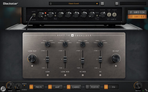 A four‑band EQ can be inserted at the end of the signal chain.