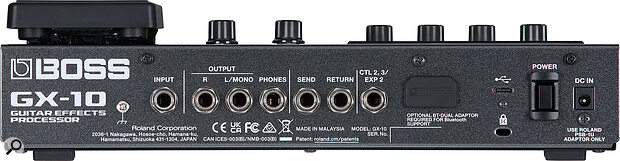 The GX‑10 is a mono‑input, mono/stereo‑output device, and also features a headphone output, an expression pedal input, an external effects loop, and USB for both the control software and audio interfacing.