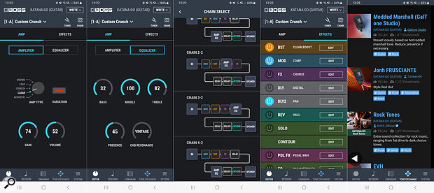 A selection of screens from the Boss Tone Studio app and, accessed through it, the online Tone Exchange.