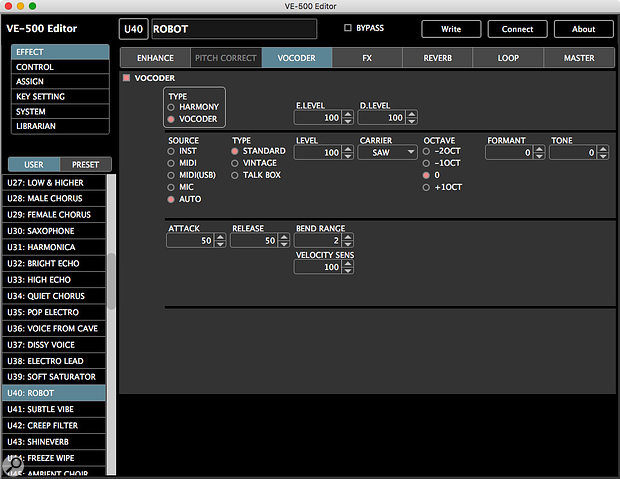 A vocoder patch on the control/editor software. Both true vocoder effects, with a MIDI input, and vocoder-style effects, which require no input other than the vocal mic, are available.