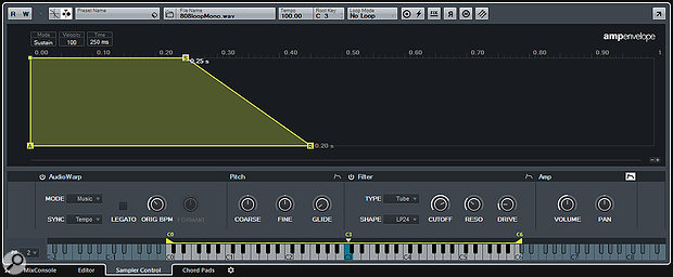 The Pitch, Filter, and Amp sections each offer a multi-stage envelope that can be edited in Sampler Control.