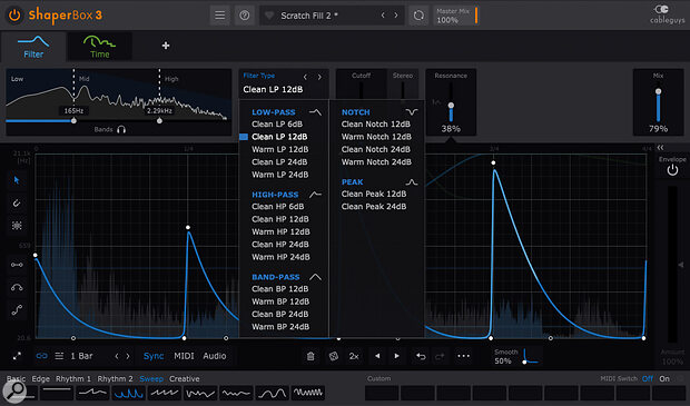 With a good selection of filter types, modulation options for both cutoff and resonance and up to three independent frequency bands, the Filter module is a very powerful sound shaper.