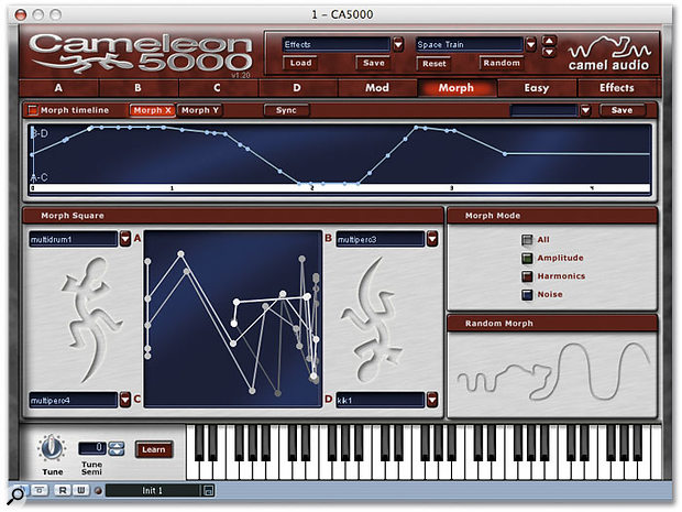 Cameleon 5000's Morph page. You can drag a dot around the Morph Square to perform real-time morphs between the four contributing Voice programs, which reside at the corners — or, as shown, you can set up complex envelopes which are triggered whenever you press a key. Shading from grey to white in the Morph Square shows how your morph evolves, whilst the conventional envelope editor above plots X or Y value against time.