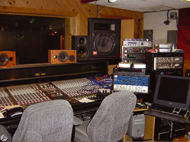 Studio A's control room with Amek G2520 console and the JBL PA speakers used for loud monitoring. 