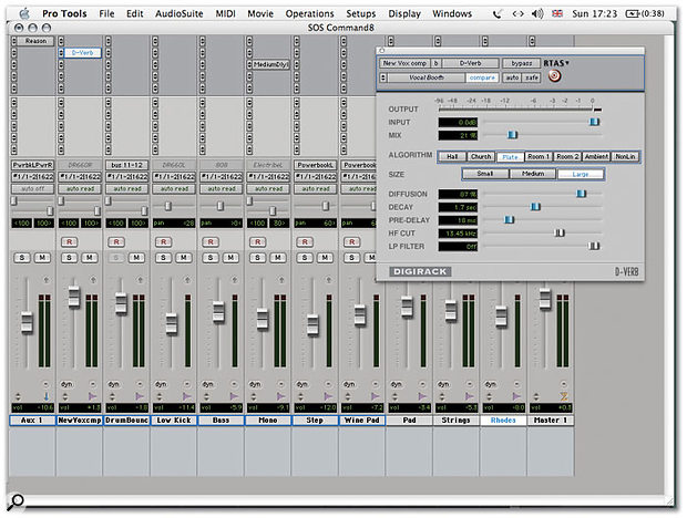 Tracks and plug-in parameters being controlled by Command 8 are highlighted in blue. The channel Bank, and plug-in Page Up/Down buttons switch the assignments in groups of eight.