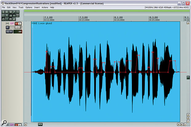 Compression is usually not enough to deliver the kind of up-front lead‑vocal sound that many modern styles demand, so rather than trying to push your vocal compressor too hard, finesse any final balance tweaks using careful level automation. Here you can see some fairly typical level automation for the lead‑vocal phrase featured in the audio files that accompany this article on the SOS site.