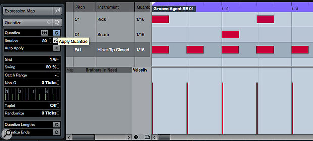 The Drum Editor’s Quantise Panel can be used to add a subtle groove to the programmed pattern.