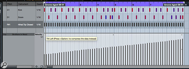 Here, just to illustrate the principle of the available tools, I’ve tilted the hi-hat velocities from left to right, but these ‘node’ tools can be very useful for quickly adjusting the velocity dynamics of your drum parts.