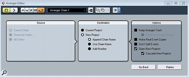 The Arranger Editor Options dialogue allows you to create a new project when you Flatten your arrangement.