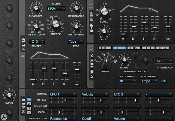 In this example, Retrologue’s Modulation Matrix is using LFO2 (itself set to a square waveform) to apply volume modulation to a vocal pad sound source and create a rhythmic effect.