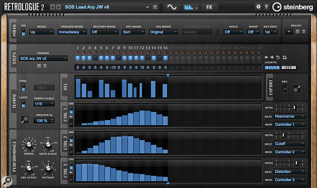 Screen 2: Retrologue’s arpeggiator is very well featured and includes (far-right) a ‘mini’ modulation matrix.