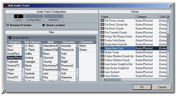 Cubase 4 provides a range of Audio Track Presets.