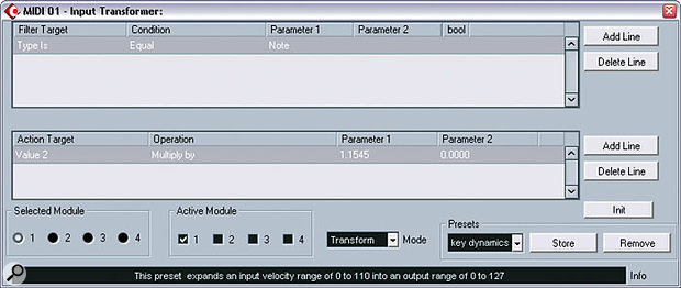 The Input Transformer is handy for filtering out specific MIDI data, or, as shown here, you can use it to tweak your keyboard's velocity curve in real time.