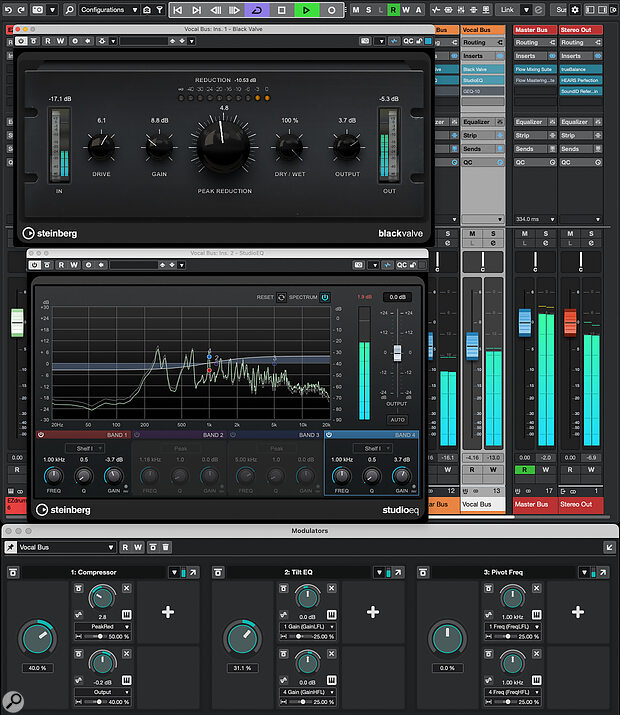 Three Macro Knob Modulators provide broad‑brush control over compression and EQ on each of the main audio busses (group channels) within this project