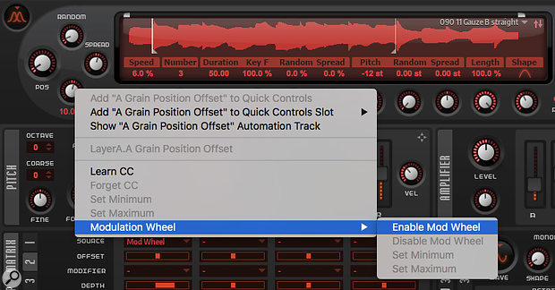 Grain Oscillator parameters can be modulated via MIDI even if they're not present in the modulation matrix. MIDI Learn is supported, as is mod wheel control.