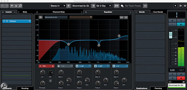 Cubase’s Channel Settings window provides all the options needed for you to apply basic tonal sweetening EQ to your strummed acoustic guitar parts. As described in the main text, this might include cutting some of the low end, adding a little high‑end ‘zing’, and/or managing any low‑mid mud or other problematic resonances.