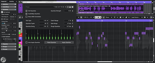 A combination of subtle VariAudio pitch correction and equally gentle AudioWarp Quantize can create a believable vocal double from a duplicate of the original lead vocal.
