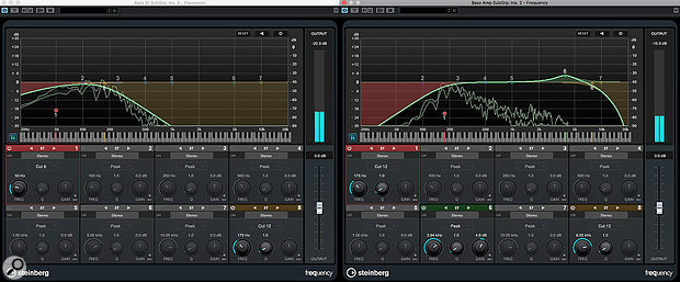 Cubase’s Frequency plug-in provides all the control and visual feedback you need to EQ bracket your bass tracks. Here, the DI and amp recordings are set to crossover at 175Hz.