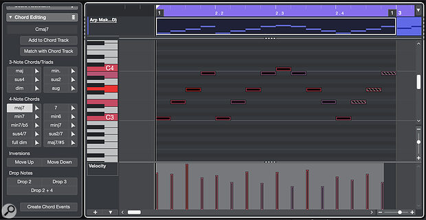 Once your pattern‑based MIDI is following the Chord Track, the Chord Editing panel provides additional options for voicing of the chord notes.