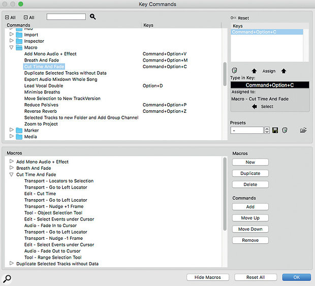 Macros can be created and edited in the lower pane of the Key Commands window, and you can assign a macro its own key command in the Macro section of the upper pane. The command sequence for the Cut Time And Fade macro is shown in the lower pane.