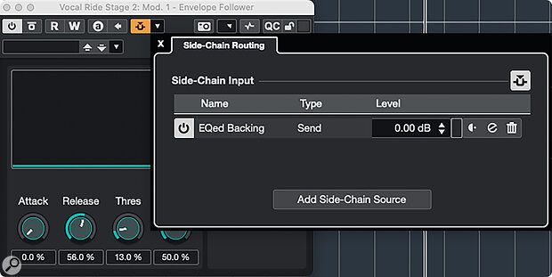 For the second stage of the process, this instance of the Envelope Follower uses its side‑chain input to let it track the volume of key elements in the backing track. For the second stage of the process, this instance of the Envelope Follower uses its side‑chain input to let it track the volume of key elements in the backing track.