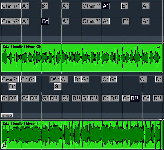 The upper half of the screenshot shows the Audio To MIDI Chords result from a fairly simple strummed guitar performance with three‑ and four‑note chords. The chords were correctly identified (top) and only some minor timing edits (second row) were needed. The lower half shows a less successful example, based on simple chords but with some open‑string drones. Cubase’s chord identification struggled but, even so, the required editing took only a couple of minutes.