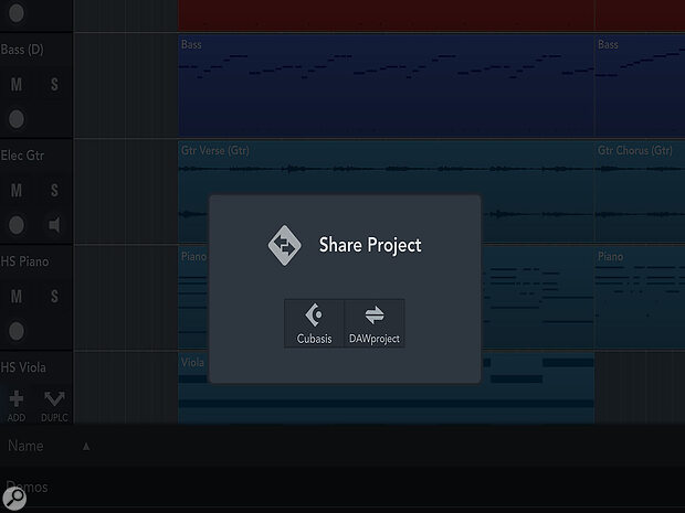 With my demo ready to be moved to Cubase, Cubasis’ Media page now offers the DAWproject format for sharing projects.