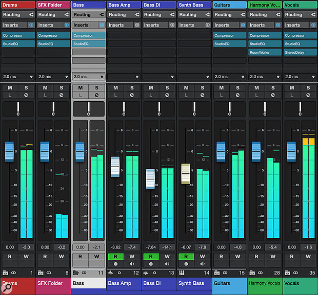 The new combined Folder/Group tracks/channels now appear within the MixConsole and can be opened (as the Bass Folder is here) or closed, providing genuinely useful additional channel visibility options as track/channel counts rise.
