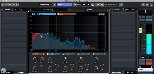 Cubase Pro 10.5's Spectral Comparison EQ can be helpful when adjusting the frequency relationship between two sources, such as kick drum and bass guitar, whose frequency ranges overlap.