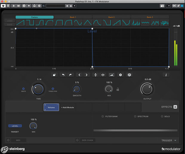 Screen 1: A simple step on/off modulation curve to control Level within FX Modulator’s Volume module, made using the second Factory curve preset in the top row.