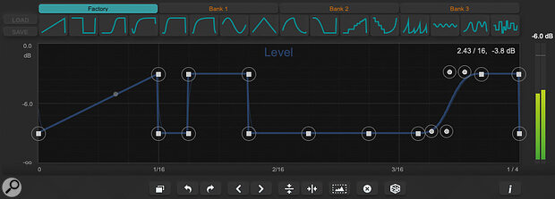 Screen 2: More complex rhythmic patterns can easily be created by combining the Factory preset curves. In this case, the curve’s vertical range has also been compressed using the editing tools.