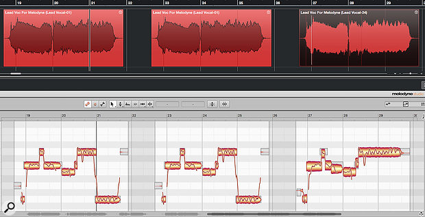 Melodyne editing is sync'ed between copies of the same audio clip (as in the first two clips shown here), but you can break that link if you want to perform clip-specific editing (as in the third clip, where the Melodyne Extension has been unloaded and then reloaded).