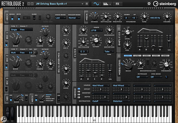 All the settings required for our Retrologue bass synth sound can be accessed from a single page of the GUI.